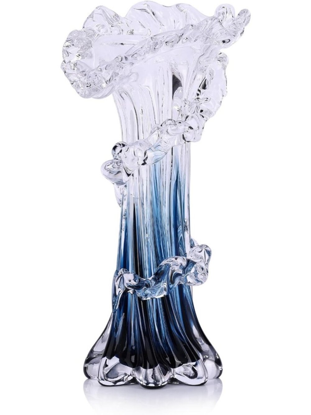 Unique Hand Blown Blue Glass Vase - Coastal Home Decor, 9.8" Ocean Art Piece